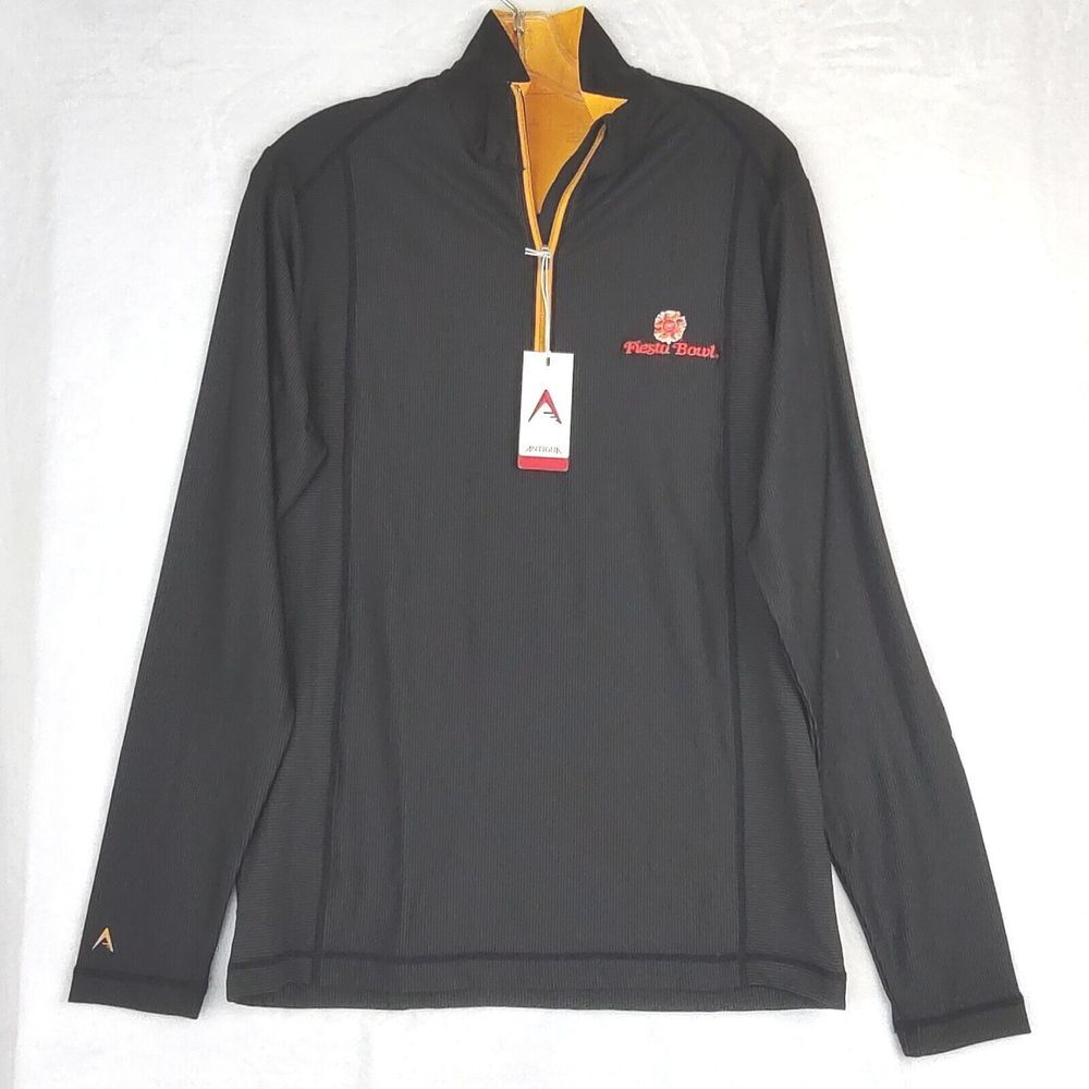 Antigua Fiesta Bowl Mens Small Quarter Zip Pullover Black Gold Stripe Performanc